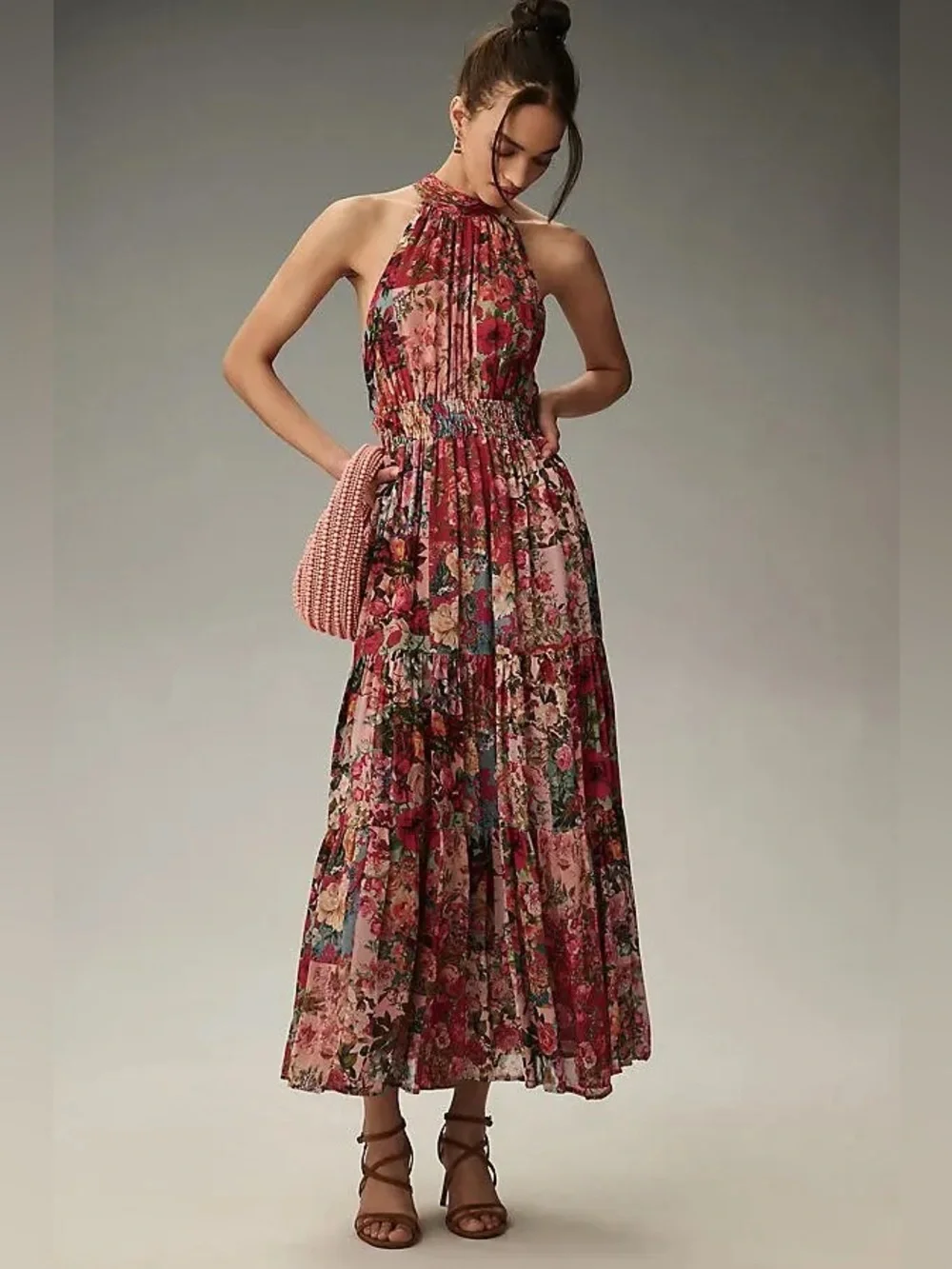 Anthropologie Boho Chiffon Maxi Dress Floral Patchwork Halter Smocked size L